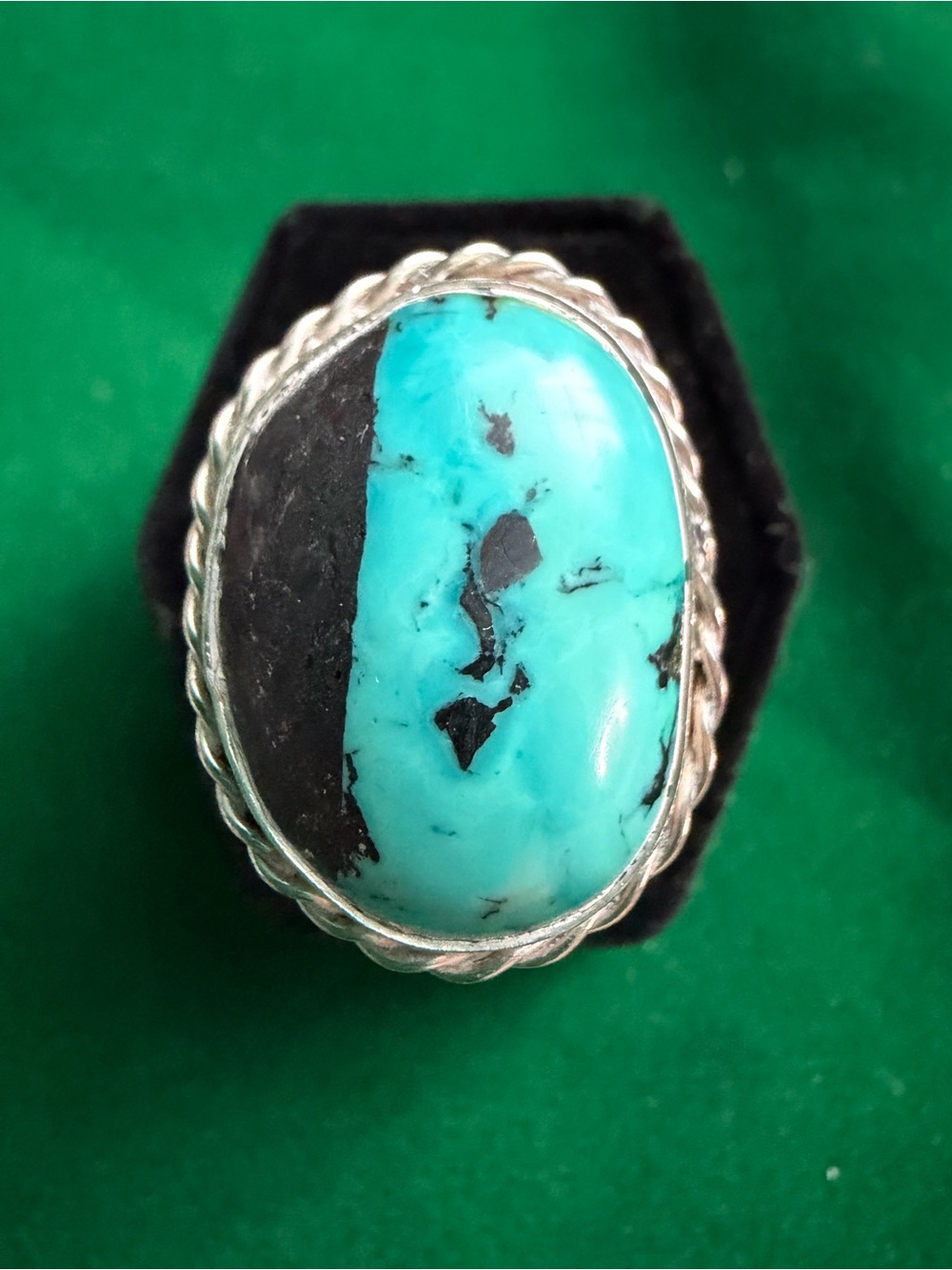 Vintage Sterling Sulver Turquoise Black Matrix Statement Ring - Signed “BF”